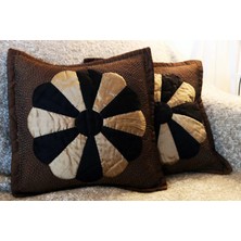 %100 El Yapımı Patchwork Papatya Yastık Kılıfı Kahverengi (40X40 Cm) 2 Adet