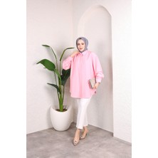 SFG Life Moda Kadın Önü Düğmeli Düz Çilek Kumaş Tunik Gömlek