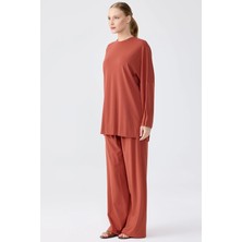 Tığ Triko Nervür Detaylı Tunik Pantolon Takım Kiremit