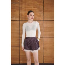 Cemo Kadın Puantiyeli Dantel Paça Detaylı Yüksek Bel Şort