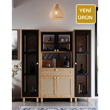 Ambiyans Kahve Köşesi Dolabı | LED Aydınlatmalı Dolap | Temperli Karartma Cam ve Jüt Kumaş Mdf Kapak