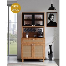 Ambiyans Kahve Köşesi Dolabı | LED Aydınlatmalı Dolap | Temperli Karartma Cam ve Jüt Kumaş Mdf Kapak