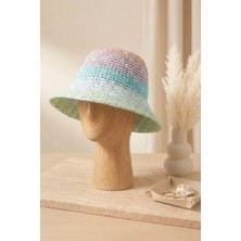 Mollycrush Kadın Mavi Geçişli Hasır Örgü Bucket - Bohem Stil Plaj ve Güneş Şapkası