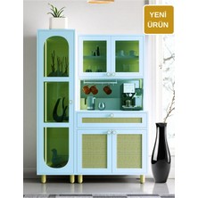 Ambiyans Kahve Köşesi Dolabı | LED Aydınlatmalı Dolap | Temperli Karartma Cam ve Jüt Kumaş Mdf Kapak