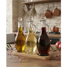 3’lü 500 ml Cam Yağlık ve Sosluk Seti, Kristal Tıpalı, Ahşap Standlı