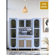 Ambiyans Kahve Köşesi Dolabı | LED Aydınlatmalı Dolap | Temperli Karartma Cam ve Jüt Kumaş Mdf Kapak