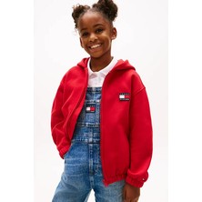 Tommy Hilfiger Unisex Çocuk Heritage Flag Terry Hoodie Fermuarlı Sweatshirt - Kırmızı
