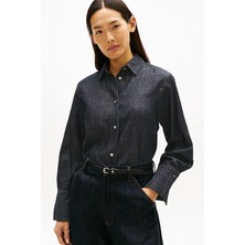 Tommy Hilfiger Kadın Rahat Kesim Manşet Logolu Denim Gömlek - Koyu Denim Mavi
