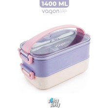Vagonlife 1400 ml Iki Kat Üç Bölme Paslanmaz Çelik Lunch Box Yeni Nesil Sefer Tası - Kaşıkçatallı -1400462