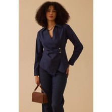 Seçil Kadın Pile Detaylı Kruvaze Gömlek - Lacivert