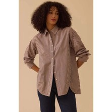 Seçil Kadın Düğmeli Pötikare Gömlek - Kahverengi