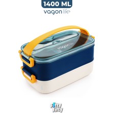 Vagonlife 1400 ml Iki Kat Üç Bölme Paslanmaz Çelik Lunch Box Yeni Nesil Sefer Tası - Kaşıkçatallı -1400462