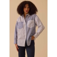 Seçil Kadın Çizgili Cep Kuplu Gömlek - Mavi