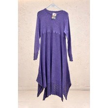 Sahnemoda Eteği Ajurlu Sıfır Yaka Uzun Yıkamalı Organik Elbise