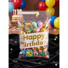MixmioLife Happy Birthday Yazılı Şeffaf Parti Hediye Poşeti Gold Yıldızlı Doğum Günü Ambalajı 10X10 cm 30 Adet