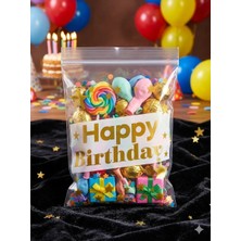 MixmioLife Happy Birthday Yazılı Şeffaf Parti Hediye Poşeti Gold Yıldızlı Doğum Günü Ambalajı 10X10 cm 30 Adet