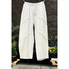 Sahnemoda Cep File Detaylı Püsküllü Bol Paça Keten Pantolon