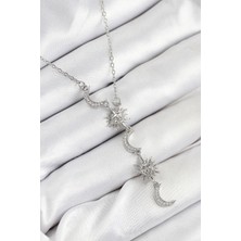 316L Çelik Zirkon Taşlı Güneş ve Ay Model Gümüş Renk Kadın Ke