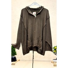 Sahnemoda Kapşonu ve Kolları File Yıkamalı Organik Triko Hırka