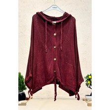 Sahnemoda Düğmeli Kapşonlu Cepli Yarasa Yıkamalı Organik Triko Hırka