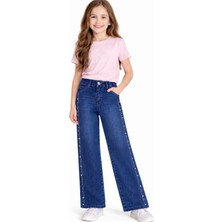 İrem Çocuk Giyim Kız Çocuk Eskitme Desenli Yanları Taş Detaylı Likralı Geniş Paça Model Mavi Renk Kot Pantolon