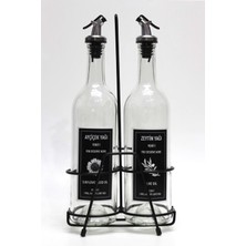 2'li Şeffaf Dibi Çukur 750 ml Ahşap Yağlık ve Siyah Stand Kullanışlı Tasarım