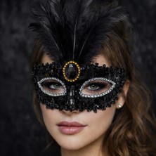 Senson Lüks Siyah Tüylü Taşlı Balo Maskesi - Lisinya