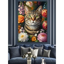 Tablomega Çiçek Taçlı Tekir Kedi Dekoratif Kanvas - Mdf Ahşap Tablo