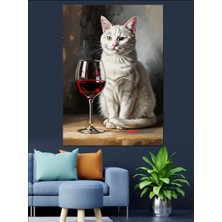 Tablomega Kadeh Yanında Duran Beyaz Kedi Dekoratif Kanvas - Mdf Ahşap Tablo