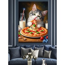Tablomega Pizza Yiyen Sevimli Kedi Dekoratif Kanvas - Mdf Ahşap Tablo
