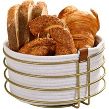 Şık Yuvarlak Ekmek Sepeti, Hasır Örmeli Makrome ve Metal Tasarım