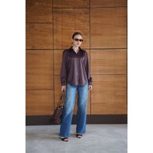 Cemo Kadın Puantiyeli Düğmeli Yaka Detaylı Uzun Kollu Saten Gömlek