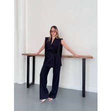 My Lunessa Kadın Alt Üst Ikili Lacivert Takım Omuz Detaylı Kuşaklı Yelek Pantolon Takım