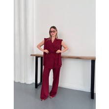 My Lunessa Kadın Alt Üst Ikili Bordo Takım Omuz Detaylı Kuşaklı Yelek Pantolon Takım