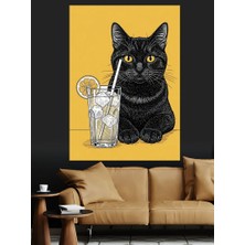 Karizma Tablo Limonata Içen Siyah Kedi Tasarımı Dekoratif Kanvas - Mdf Ahşap Tablo