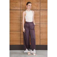 Cemo Kadın Puantiyeli Dantel Paça Detaylı Yüksek Bel Geniş Paça Pantolon