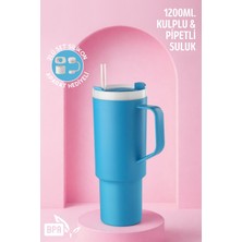 Ny Home Büyük Boy, Kulplu ve Pipetli 1200ML. Suluk & Matara - Silikon Aparat Hediyeli Turkuaz