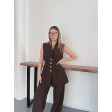 My Lunessa Gold Düğme Belden Oturtmalı Detay Kahverengi Yelek ve Pantolonlu Double Kumaş Ikili Takım