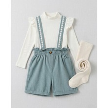 Ege Bebek Kız Çocuk 2-3-4-5-6 Yaş Kadife Şortlu 2'li Salopet Elbise ve Badi L Külotlu Çorap Hediyeli