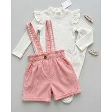 Ege Bebek Kız Çocuk 2-3-4-5-6 Yaş Kadife Şortlu 2'li Salopet Elbise ve Badi L Külotlu Çorap Hediyeli