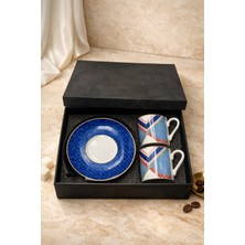 Rivorn Gönül Collection Porselen Mavi Beyaz Retro 2'li Kahve Fincanı Takımı – Şık Türk Kahvesi Fincan Seti