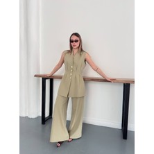 My Lunessa Gold Düğme Belden Oturtmalı Detay Haki Yelek ve Pantolonlu Double Kumaş Ikili Takım