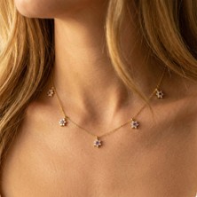 Vaoov 925 Ayar Gümüş Mor ve Beyaz Taşlı Altın Kaplama Çiçek Kolye