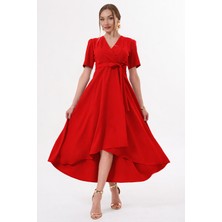 Ruris Kırmızı Kruvaze Yaka Asimetrik Sarmal Etek Kısa Kollu Kuşaklı Midi Boy Abiye Mezuniyet Elbisesi