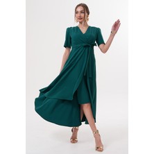 Ruris Zümrüt Yeşil Kruvaze Yaka Asimetrik Sarmal Etek Kısa Kollu Kuşaklı Midi Boy Abiye Mezuniyet Elbisesi