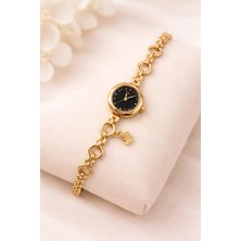 Gold Renk Siyah Kadran Charm Detaylı Lüks Kadın Saat