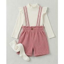 Ege Bebek Kız Çocuk 2-3-4-5-6 Yaş Kadife Şortlu 2'li Salopet Elbise ve Badi L Külotlu Çorap Hediyeli