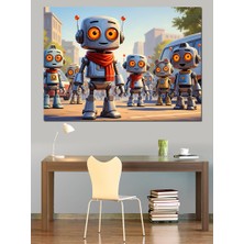Karizma Tablo Modern Robot Çocuklar ve Şehir Dekoratif Kanvas - Mdf Ahşap Tablo