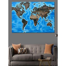 Karizma Tablo Mavi Tonlarda Detaylı Dünya Haritası Dekoratif Kanvas - Mdf Ahşap Tablo