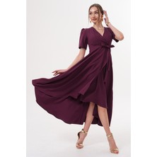 Ruris Mürdüm Kruvaze Yaka Asimetrik Sarmal Etek Kısa Kollu Kuşaklı Midi Boy Abiye Mezuniyet Elbisesi